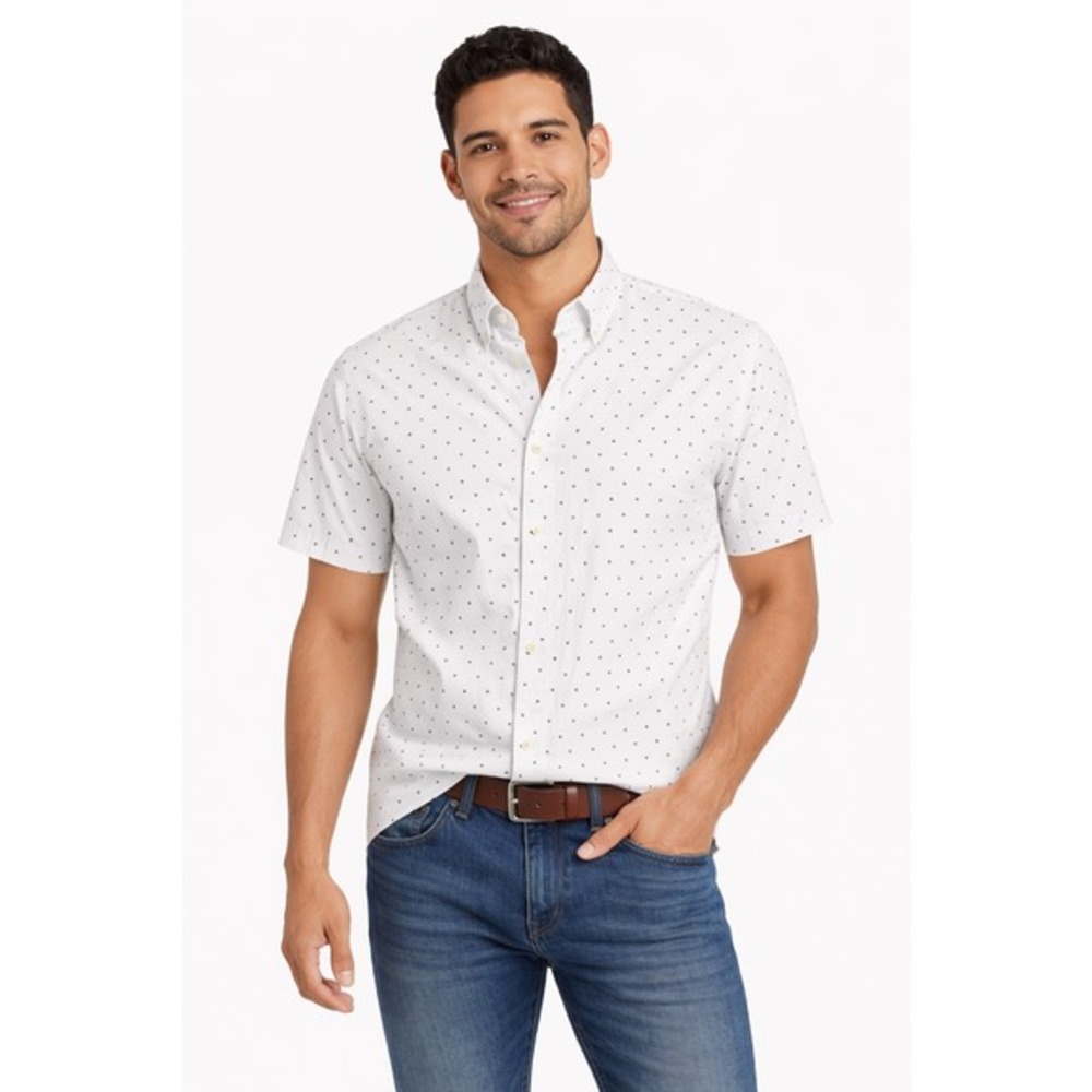 Crown & Ivy White Navy Polka Dot Short‎ Sleeve Button Down Shirt L Preppy 88-41